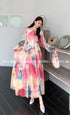 Multi Button Down Floral Waist Tie Long Maxi Dress